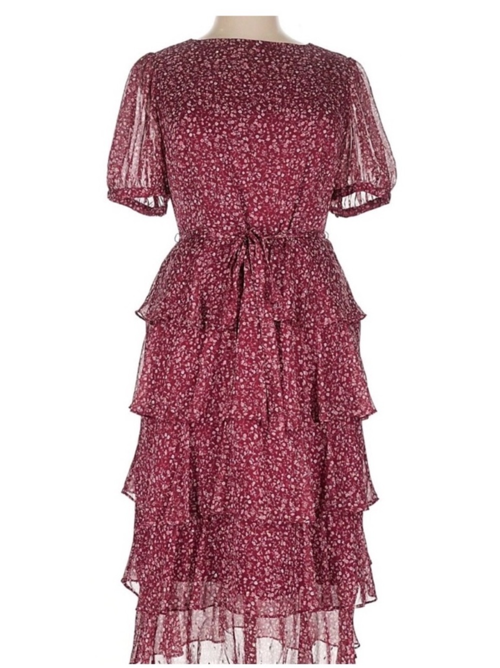 Rachel Parcell Floral Tiered Short Sleeve Chiffon Dress Burgundy | Size XS